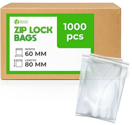 V1 TRADE Sachets Zip – Sachets Plastiques 60 x 80 mm – 1000 Pièces | Sachets refermables résistants pour le rangement et l'organisation des aliments, accessoires, bricolage et petites pièces.