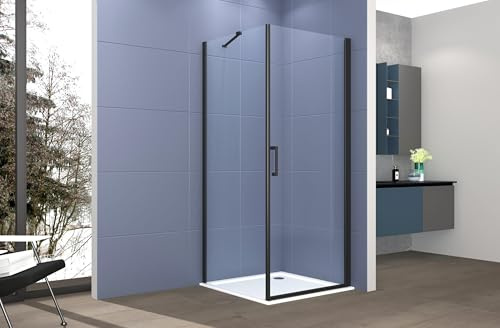 Box doccia 2 lati 80x100 cm fisso + porta 1 battente H200 cm cristallo 6mm profilo Nero Opaco LUCIO