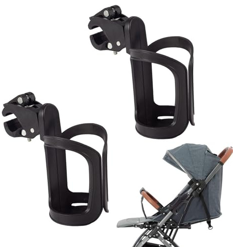 Pram Cup Holder – 2pcs Universal Stroller Cup Holder, 360° Rotating Cup Holders for Pram, Large Caliber Clamp-On Buggy Drink Holder for Bike, Wheelchair, Walker, Scooter, Trolley, Pushchair