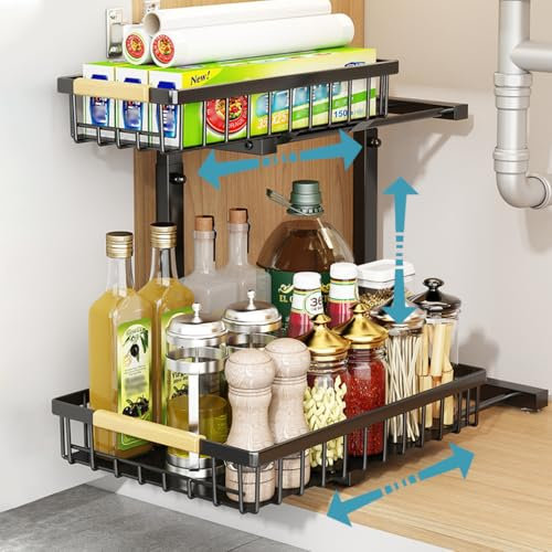 Toiatot Rangement sous Évier à 2 Étages, Organisateur sous Evier Tiroir Coulissant à Extraction, Hauteur Réglable Étagère sous Évier pour Cuisine, Salle de Bain (Noir)