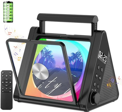CD-Player mit tragbarem Griff, spezielles Dreieckdesign, verbesserter Bluetooth-CD-Player mit 8 Modi RGB-Beleuchtung, 4000-mAh-Akku, 20-W-Lautsprechern, Fernbedienung, Opt/AUX/USB/FM-Radio (Schwarz)