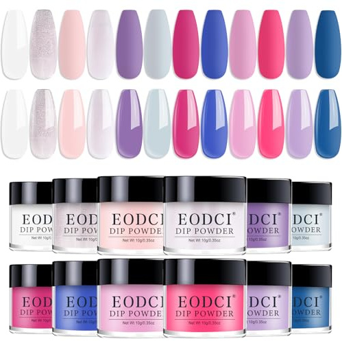 Kit de poudre à tremper pour ongles Eodci 12 couleurs, rose vif, bleu, violet et blanc, pour une manucure pailletée nude scintillante à faire soi-même au quotidien.