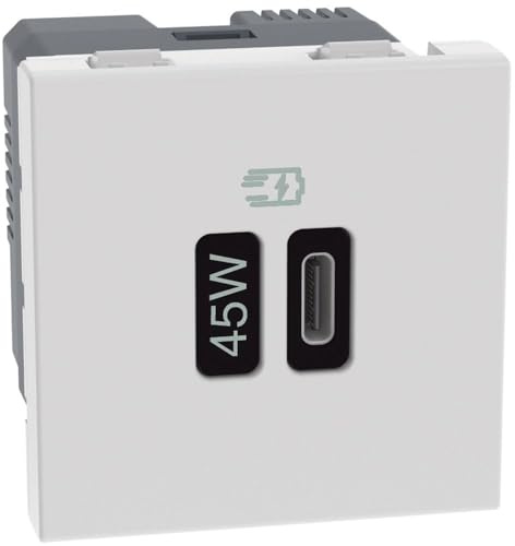 BTICINO MatixGO Caricatore USB Tipo C JW4294C Caricatore con 1 Porta USB Tipo C, Potenza Max 45W, Quick Charge, Power Delivery, Ricarica di Dispositivi Elettronici, Presa Elettrica da Muro, 2 Moduli