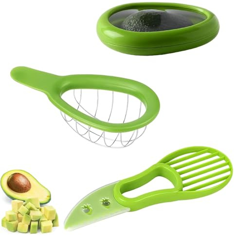 3-teiliges Avocado Schneider Set mit Aufbewahrungsbox, Slicer, Löffel & Stampfer - Multifunktionale Küchengeräte zum Schneiden, Entkernen, Schälen & Pürieren von Avocados, Küchenhelfer & Geschenkidee