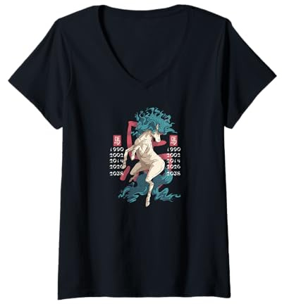 Femme Mystique Zodiaque Chinois Année du Cheval T-Shirt avec Col en V