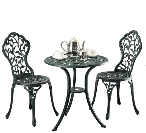 Relaxdays Gartenmöbel Set, 3-teilig, Tisch & 2 Stühle, Aluguss, Balkonmöbel mit Blättermuster, Garten Sitzgruppe, grün