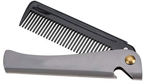 Bamjour Klappbarer Schnurrbartkamm für Männer, Statischer Bartglätter aus Edelstahl für Männer, Bartkamm mit Runden Zähnen für die Pflege und das Styling des Bartes (Schwarzes Acetat +