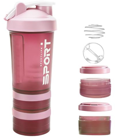 YINKIGI 500 ml Protein Shaker Bottle with 2 Storage Compartments, Pink | Includes Shaker Ball for Protein Shakes & Pill Separator, Leakproof with Measurement Markings, BPA-free, Gym Bottle for Women