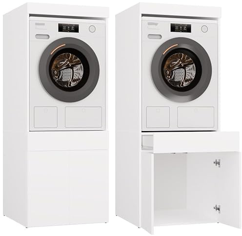 BDW Armario para Lavadora y Secadora Pola Twin, 180 x 64 x 64 cm, Mueble de baño Alto, Mueble de baño, Secadora, Color 1S Blanco