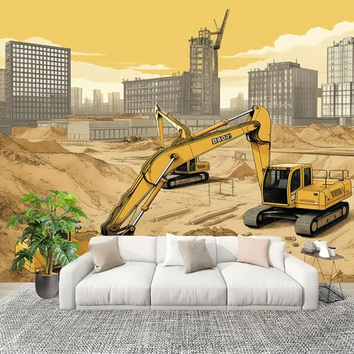 Bedroom Background Wall Photo Wallpaper 300x256 cm Construction Vehicles Excavators Kids Wall Stickers Decals Peel and Stick Removable Yellow for Nursery Bedroom Living Room Art murals Decorations
