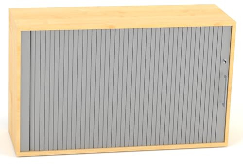 Rheinland Möbel Querrollladenschrank Rollino 120×40×75 cm – abschließbarer Rollladenschrank 2OH in Ahorn/Silber mit Metall-Bügelgriff
