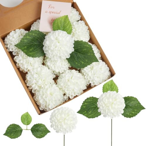 Sahoottie Lot de 12 dahlias artificielles blanc crème - 7,5 cm - En mousse - Hortensia blanche - Décoration pour vases, centres de table, mariage, maison, tables de fête