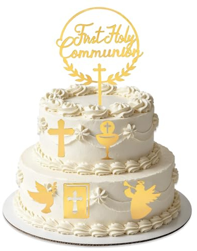 6 pcs First Holy Communion Cake Toppers, Cross Gold Acrylic Cake Toppers, Bible Fish Dove Grail Cake Decoration for Communion Christening Baptism Baby Shower Birthday Wedding Party Decor Gold