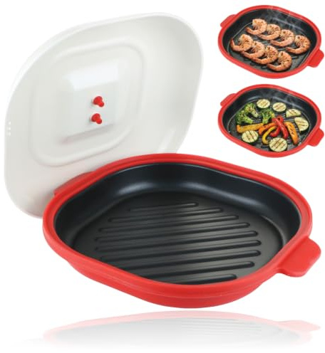 Spares2go Microwave Grill Pan with Lid Non-Stick Square Easy Clean | Microwave Safe for Grilling, Roasting, Steaming 23cm Cooking Area Quick and Easy