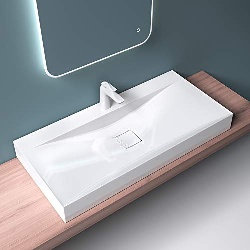 Mai & Mai Lavabo sobre Encimera Lavabo Suspendido Baño Lavabo | Rectangular | Blanco Brillante | Mármol Fundido | 100x48x10cm | con Orificio para Grifo y Tapa de Desagüe sin Rebosadero | Colossum810