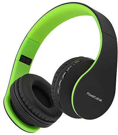 PowerLocus Wireless Bluetooth Over-Ear Stereo Foldable Headphones, Wired Headsets Noise Cancelling with Built-in Microphone for iPhone, Samsung, LG, iPad (Black/Green)