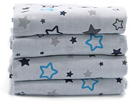 Clevere Kids Mulltücher Sterne SUPERIOR - 80x80 - Set 4 Stück - Öko-Tex Standard 100 (Asterion hellgrau-navy-aqua)