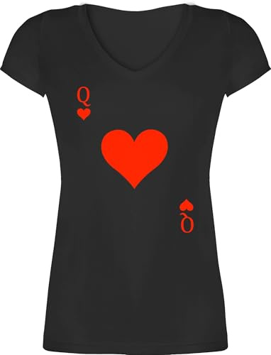 Shirtracer - T-Shirt Damen V Ausschnitt - & Fasching - Queen Kartenspiel Karneval I Spielkarte Dame Rot Herzdame