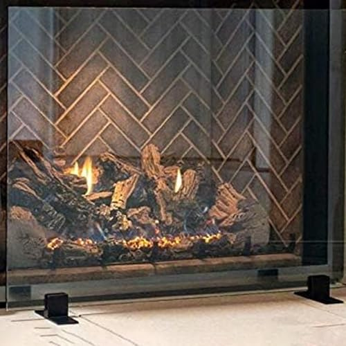AMS Fireplace | Manhattan Modern Freestanding Frameless Clear Glass Fireplace Screen with Polished Metal Powder Coated Black Feet Base (Medium Size: 39 W X 29 H)