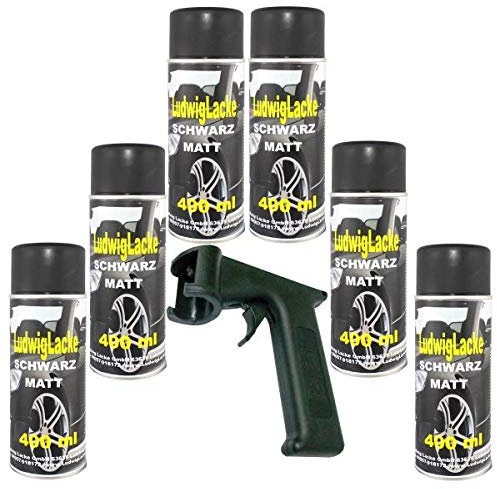 Ludwiglacke Schwarz matt 6 Spraydosen Autolack je 400ml mit Spraydosengriff Haltegriff
