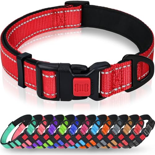 Taglory Hundehalsband Reflektierend, Weich Gepolstertes Neopren Nylon Halsband Hund mit Sicherheitsschnalle und Metall D-Ring, Verstellbares Hundehalsband für Kleine Hunde, Rot