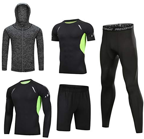 LucaSng Män 5 delar kompression funktionella underkläder sportkläder set, sportdräkt snabbtorkande jogging kläder tights löpkläder tröja gym träning löpning träningsoverall