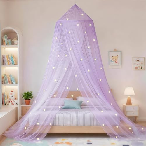 Eimilaly Sterne Betthimmel leuchtet im Dunkeln, Betthimmel für Mädchen Moskitonetz, Prinzessin Baldachin für Mädchen Bett Zimmer Dekoration, Purple