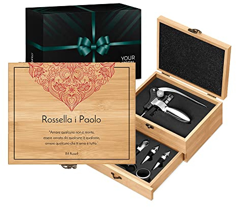 Maverton Accessori da Vino La Dedica, Kit Cavatappi da Vino Personalizzato | Scatola in legno di bambù + 8 pezzi di Accessori Vino, idee regalo per anniversario, Amare