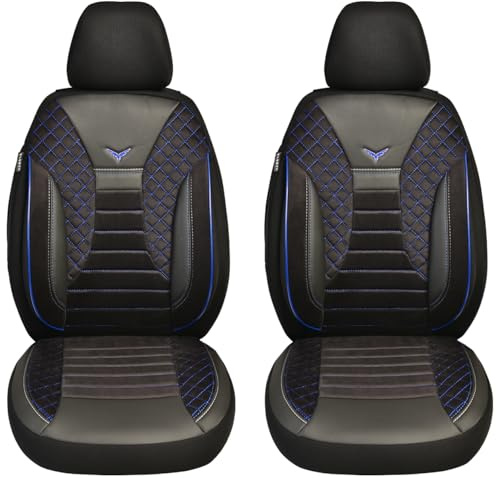 BREMER SITZBEZÜGE Maß Auto Schonbezüge kompatibel mit VW Caddy 4 Fahrer & Beifahrer Set ab 2011-2021 / Auto Schonbezug Velour Kunstleder Set 2er Pack in Schwarz/Blaue Naht (PS806)