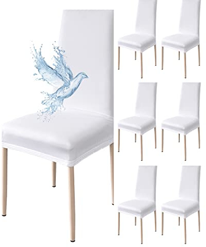Poligino Stuhlhussen 6er Set Wasserdicht Stretch Universale Weich und Bequem, Stuhlbezug für Haus, Küche, Hochzeit, Restaurant, Party, Hotel, Zeremonie, Bankett - Reines Weiß