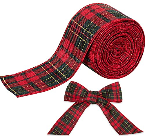 Chuangdi 6.56 Meter Weihnachts-Büffelkariertes Band Rot und Grün Karo Stoffband Rolle für Schleifen, Kränze, DIY, Handwerk, Weihnachten, Geschenkverpackung, Dekoration