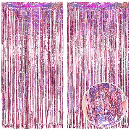 O-Kinee Lametta Vorhänge Rosa Glitzer, 2 Stück Metallische Glitzervorhang Fringe 1m x 2m, Glitzer Tinsel Curtain, Folienfransen Vorhang für Geburtstage Festivals Party ​deko Einschulung mädchen