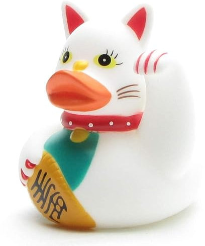 Badeente Winkekatze I Quietscheentchen Lucky Cat I L: 8,5 cm I inkl. Badeenten-Schlüsselanhänger im Set