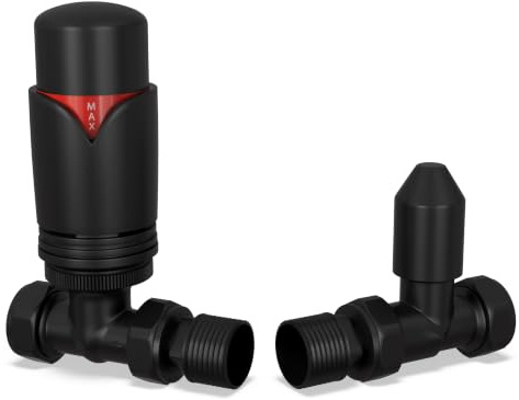 UK Radiators Thermostatic Radiator Valve 1/2 x 15mm - Derry Bold TRV | Black Finish - Solid Brass 1/2 x 15mm Straight - Lockshield Included, Easy Installation