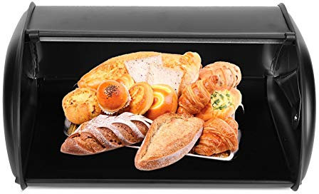 Stainless Steel Bread Box, Stainless Steel Roll Top Bread Bin, Sliver Bread Storage Holder with Lid, Large Capacity Bread Keeper 13.4x9.1x5.7in (Black)