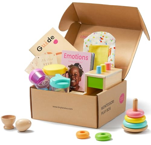 Tiny Land Juego Montessori 5 en 1 para Bebés de 10-12 Meses | Juguetes educativos de madera con apilador oscilante, taza de huevos, juego de cajas y bolsa arrugable