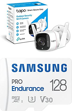 Tapo C310 – Cámara de vigilancia Wi-Fi para interiores y exteriores, resolución 3MP + tarjeta Samsung Pro Endurance microSDXC UHS-I U3 de 128GB con adaptador