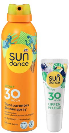 SUNDANCE 2er-Set Sonnenschutz: Sonnenspray SPORT transparent, auch für die Kopfhaut geeignet, schweißresistent LSF 30 (200 ml) + Lippenpflege MINZE LSF 30 (10 ml), 210 ml