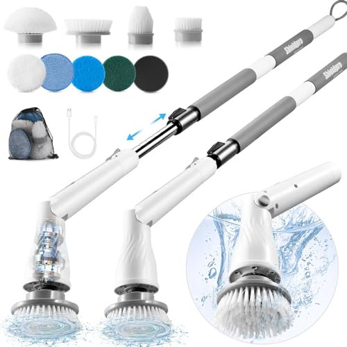 SHIELDPRO Brosse électrique rotative sans fil avec 8 têtes de brosse remplaçables, brosse à récurer rotative électrique avec long manche réglable pour baignoire, joint de carrelage, évier, voiture -