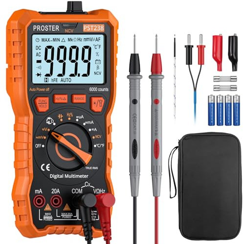 Proster Multimeter TRMS 6000 Counts Auto Manual Range Multimeter Tester with DC/AC Voltage DC/AC Current NCV Detector Temperature Capacitance Resistance Diode Continuity Tester with Cloth Bag