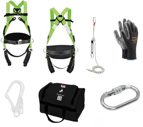 Generisch Mitlaufende Höhensicherungsgerät inkl Falldämpfer, 10m Seil, Auffanggurt 4 Punkt + 2 Karabiner + Tasche und Arbeitshandschuhe