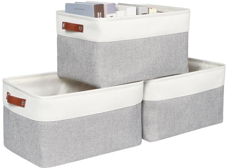 Syeeiex Large Storage Baskets for Shelves with Leather Handle | 3 Pack Fabric Stoarge baskets for Organizing Home, Toys, Office, Clothes (Grey)