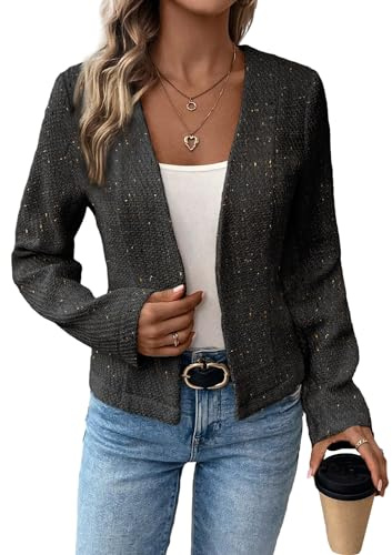Mina Self 2025 Herbst Damen Tweed-Blazer-Jacke – Kragenlos, vorne offen, vollständig gefüttert, elegant, tailliert, modisch, lässig, Arbeitsmantel, Schwarz, M