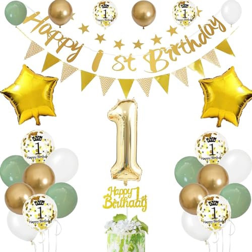 FEYG 1st Birthday Decoration Set, Sage Green, Gold, 12 Pieces, Balloons, Banners, Cake Toppers, Boys, Girls, Unisex Adults, Children, Birthday Party Decor