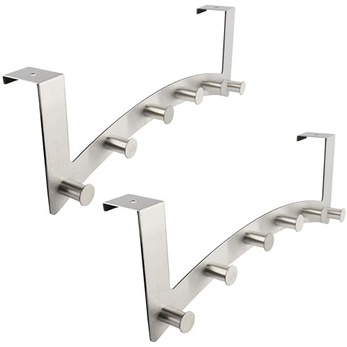 RICOO Türhaken zum Einhängen MH027S-6x2 Türgarderobe 6 Haken aus Stahl 2 Stück Kleiderhaken Tür ohne Bohren aus robustem Edelstahl 39x15x5,3 cm Silber