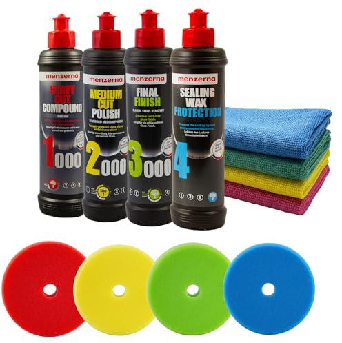 Autopolitur Set - Heavy Cut Compound 1000 + Medium Cut 2000 + Final Finish 3000 + Sealing Wax + 4 x PP-Pads 125/140 + 4 x Poliertücher