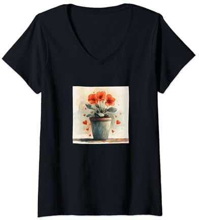 Femme Cyclamen Plante en pot Cottagecore Hearts Graphic T-Shirt avec Col en V