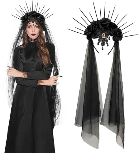Gotiskt blompannband svart slöja spöke brud fin klänning ros blomma krona hårband lång slöja cosplay bröllop huvudbonad fascinator huvudbonad halloween kostym blommor hårtillbehör för kvinnor