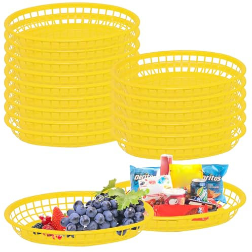 Pasdrucn 15 Pièces Paniers Ovales en Plastique pour Restauration Rapide, Barquette Frite, Porte Burger, Paniers De Service en Plastique pour Frites, Sandwichs, Hamburgers (Jaune)