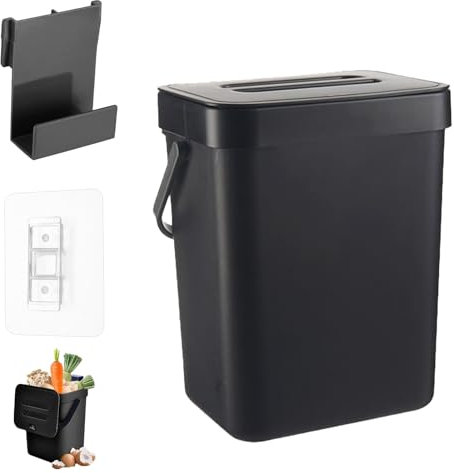 Hängender Mülleimer, 3 l, kleiner Küchenabfall, 16,1 x 13 x 20,5 cm, für Arbeitsplatte, Wandmontage bunter Mülleimer geeignet für Küche, Schrank, schwarz